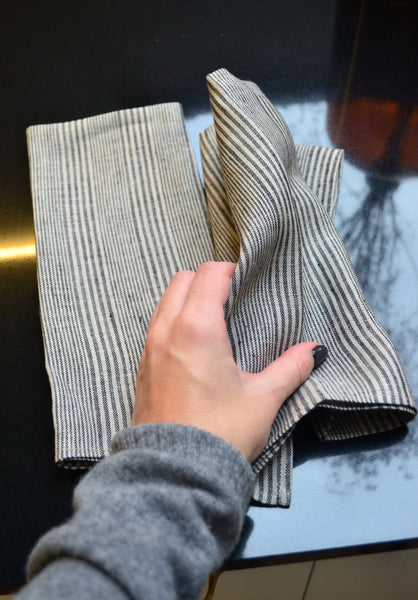 Washed Linen Striped Grey & Black Kitchen Towel ( set of 2 )
