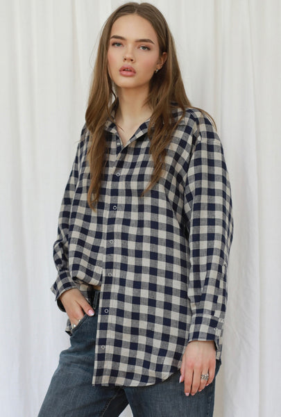Ines mėlyni languoti lininiai oversized marškiniai