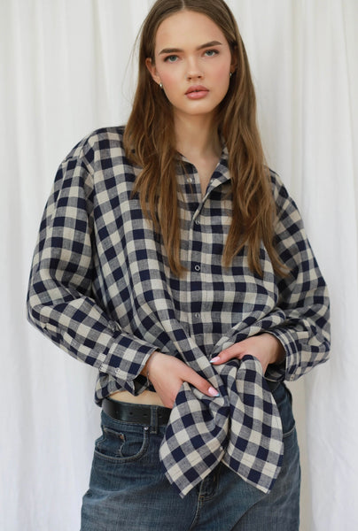 Ines mėlyni languoti lininiai oversized marškiniai