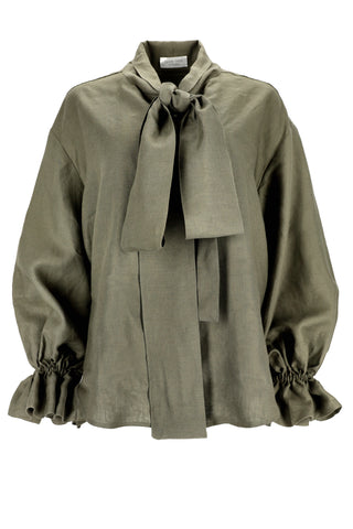 “Olive green linen blouse with tie-neck and ruffled cuffs – ethically made Lithuanian linen top by Good Taste Citizen.”