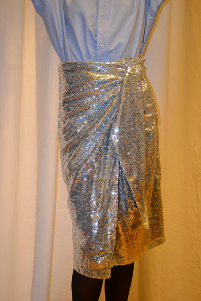 Sidabrinis midi ilgio susiaučiamas sijonas su žvyneliais