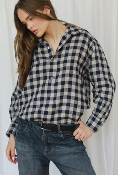 Ines mėlyni languoti lininiai oversized marškiniai