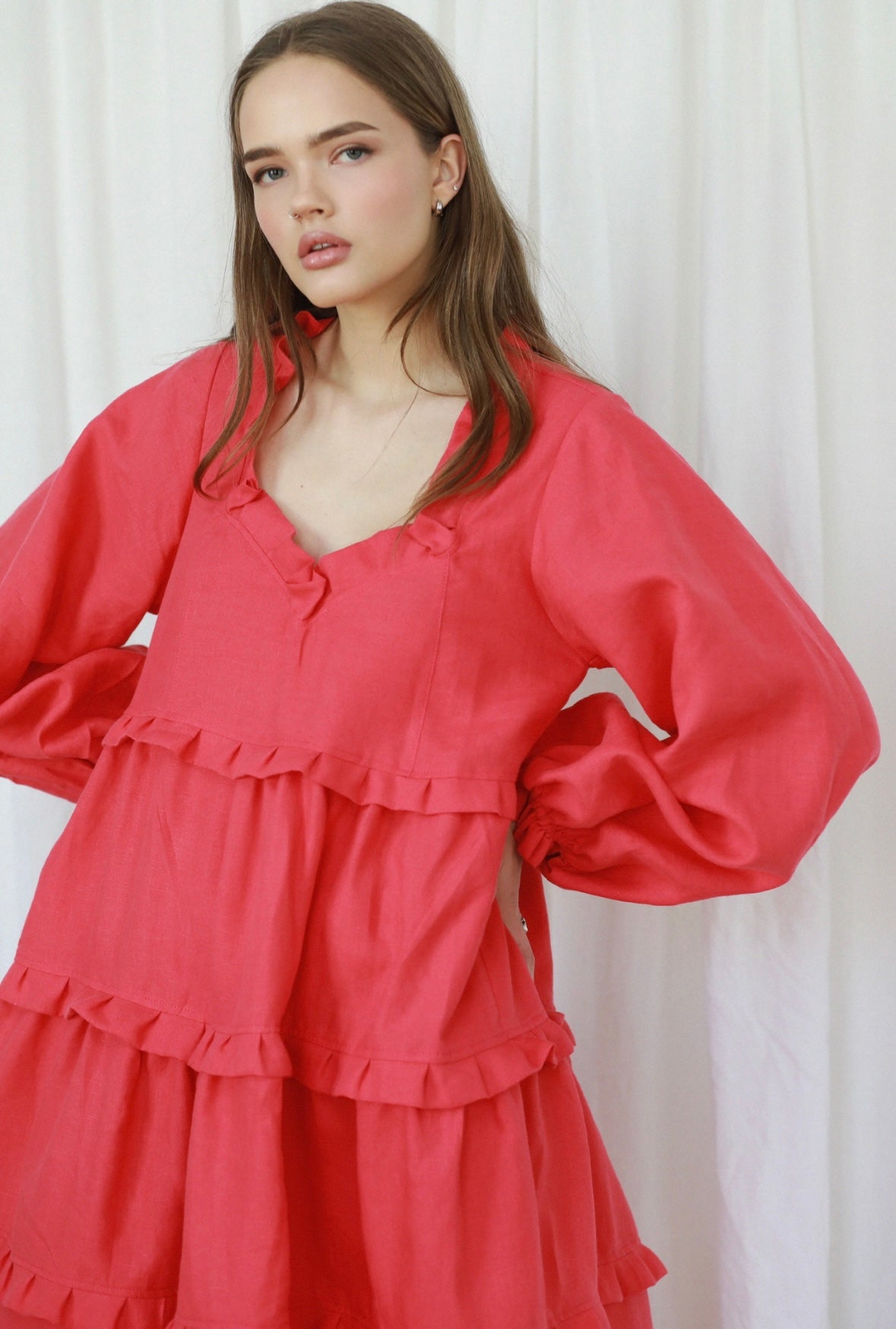 Loulou Raspberry Maxi Dress with Long Sleeves
