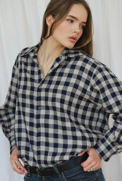 Ines mėlyni languoti lininiai oversized marškiniai