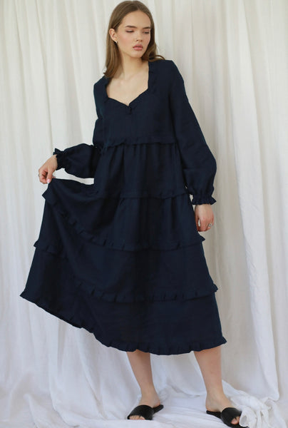 Loulou Navy Maxi Dress with Long Sleeves