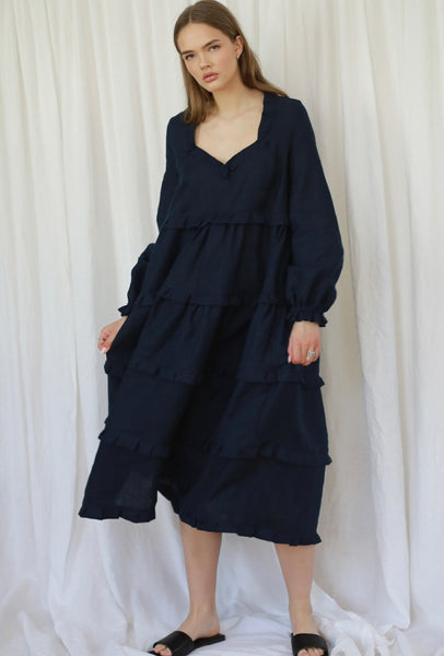 Loulou Navy Maxi Dress with Long Sleeves