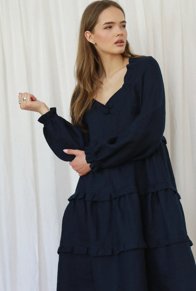 Loulou Navy Maxi Dress with Long Sleeves
