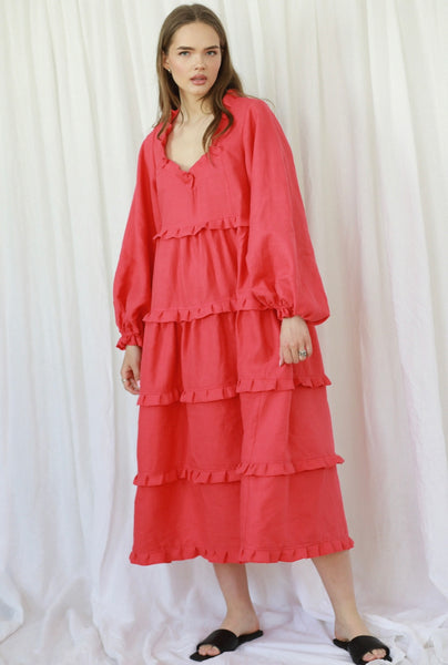 Loulou Raspberry Maxi Dress with Long Sleeves