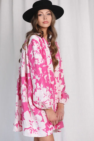 Greek White & Pink Print Mini Dress with Long Sleeves