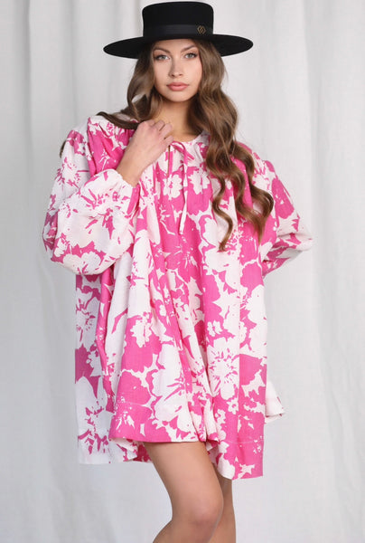 Greek White & Pink Print Mini Dress with Long Sleeves
