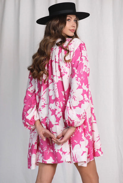 Greek White & Pink Print Mini Dress with Long Sleeves