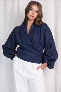 Ibiza Wrap Navy Linen Top