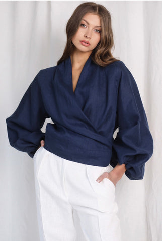 Ibiza Wrap Navy Linen Top