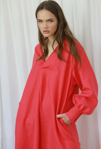 Oversized Raspberry Linen Midi Length Kaftan with Long Sleeves