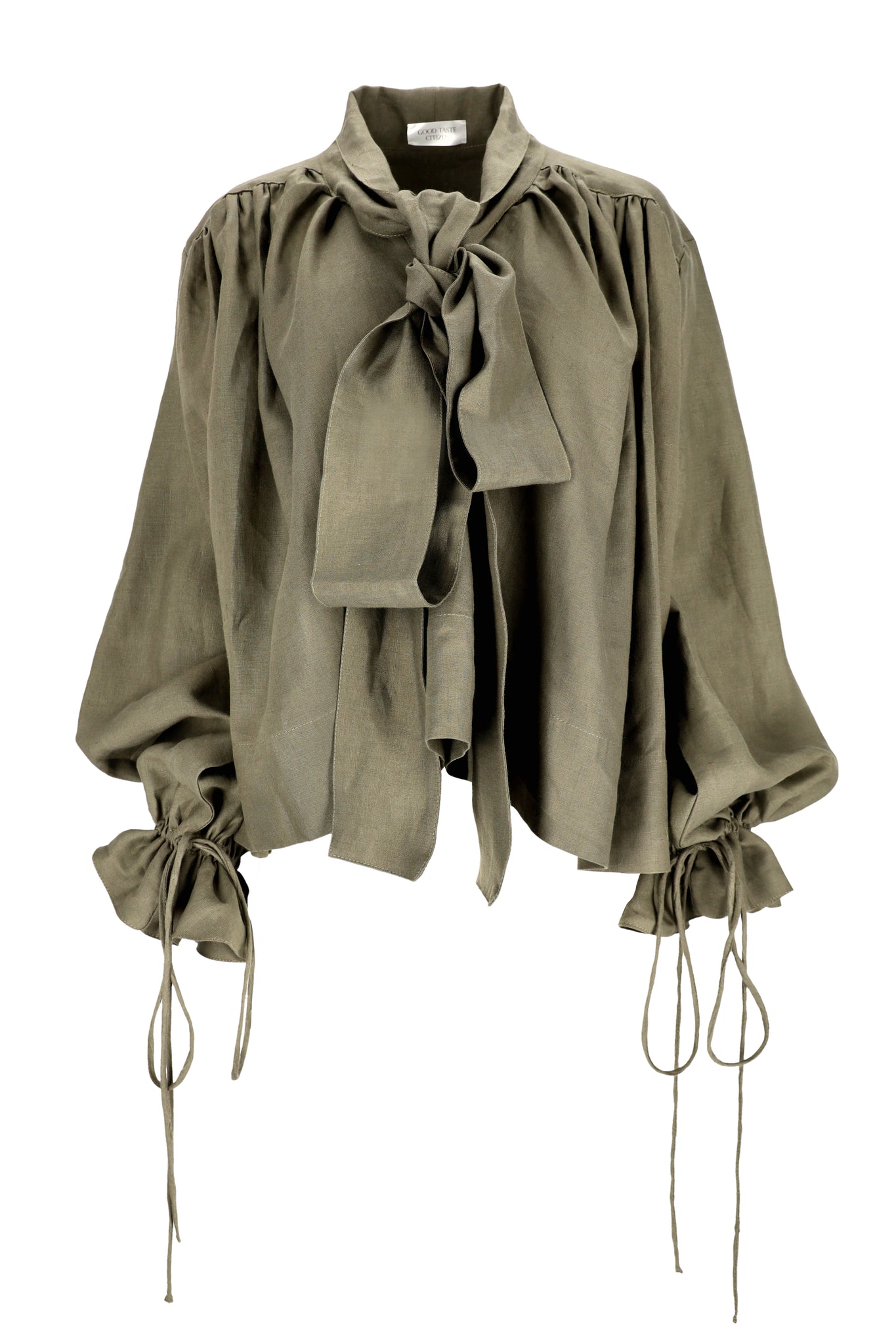 linen blouse with oversized bow and voluminous sleeves – ethically made Lithuanian linen top by Good Taste Citizen.