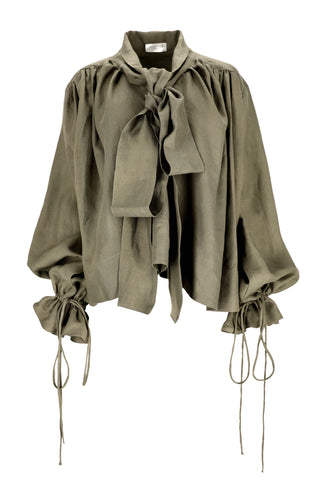linen blouse with oversized bow and voluminous sleeves – ethically made Lithuanian linen top by Good Taste Citizen.