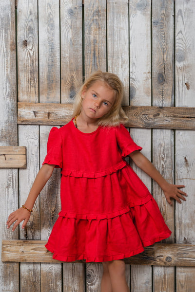 Raudona mini Loulou lininė suknelė mergaitėms