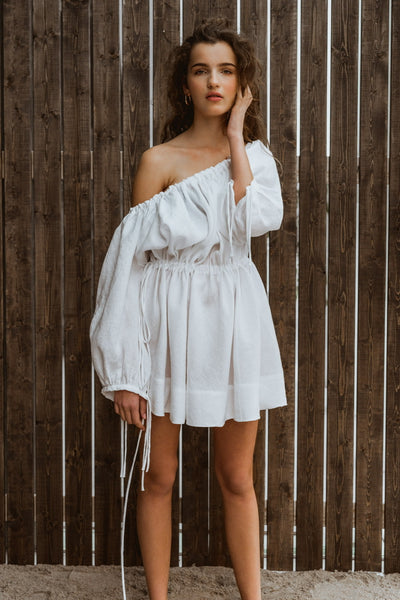 Lininė balta suknelė off shoulder ( daugiau spalvų )