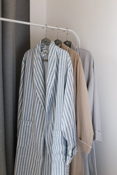 Summer Striped White & Light Blue Soft Linen Unisex Bathrobe // With White Pipping