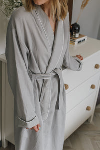 Summer Light Grey Soft Linen Unisex Bathrobe // With White Pipping