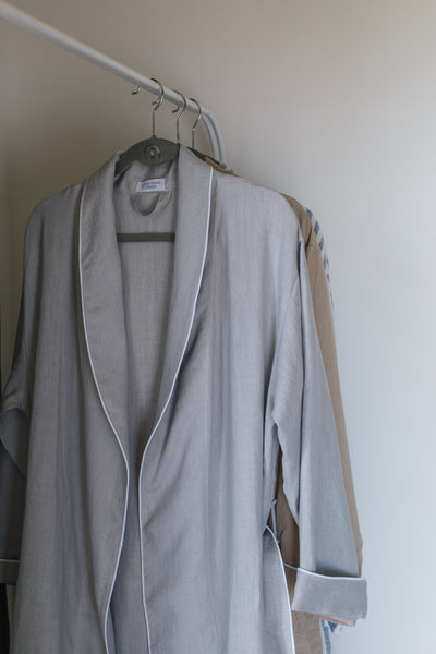 Summer Light Grey Soft Linen Unisex Bathrobe // With White Pipping