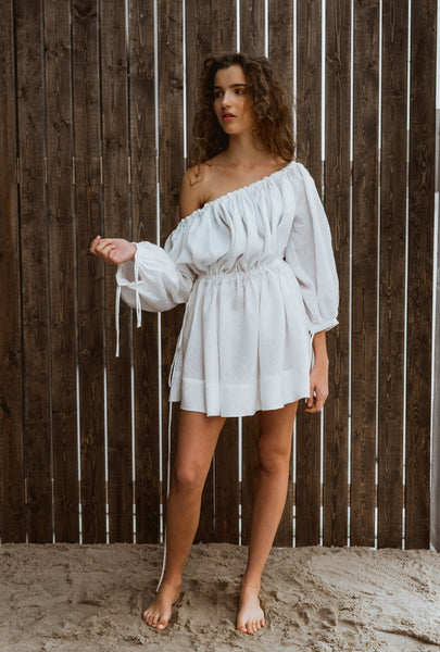Lininė balta suknelė off shoulder ( daugiau spalvų )