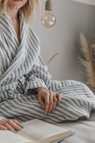 Summer Striped White & Light Blue Soft Linen Unisex Bathrobe // With White Pipping