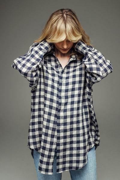 Ines mėlyni languoti lininiai oversized marškiniai