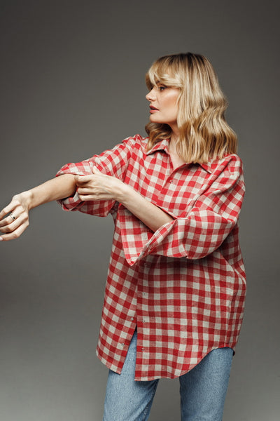 Ines Red Checkered Linen Oversized Shirt