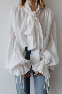 Drama White Linen Blouse with a Bow