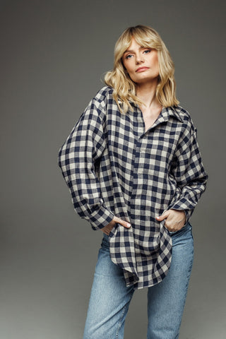Ines mėlyni languoti lininiai oversized marškiniai