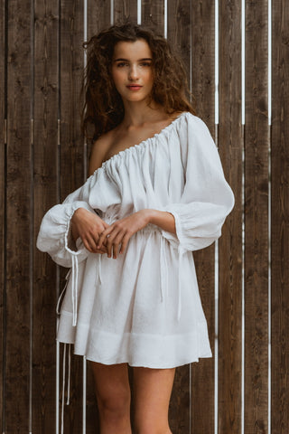 Lininė balta suknelė off shoulder ( daugiau spalvų )