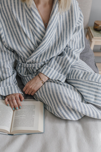 Summer Striped White & Light Blue Soft Linen Unisex Bathrobe // With White Pipping