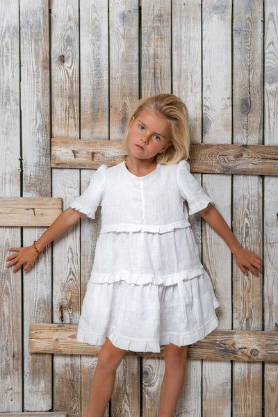 Balta lininė mini Loulou suknelė mergaitėms