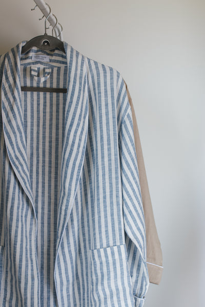 Summer Striped White & Light Blue Soft Linen Unisex Bathrobe // With White Pipping