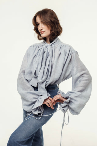 Drama Ash Baby Blue Linen Blouse with a Bow