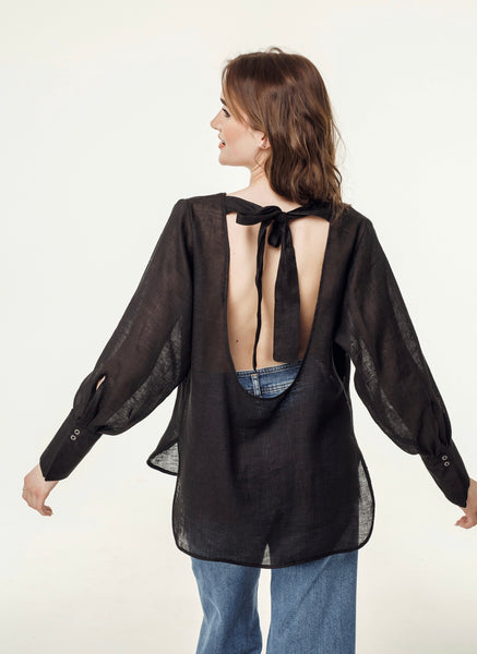 Backless Black Soft Linen Blouse with a Bow