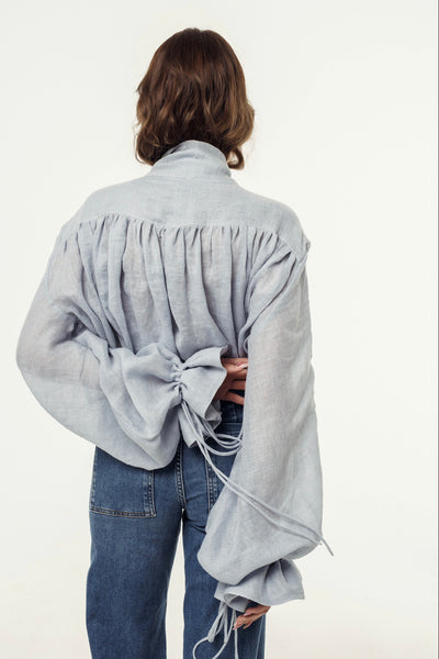 Drama Ash Baby Blue Linen Blouse with a Bow