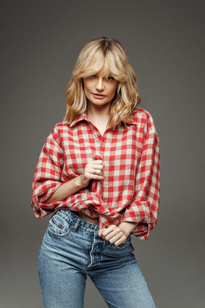 Ines Red Checkered Linen Oversized Shirt