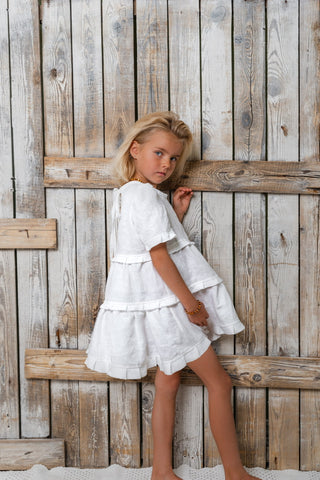 Balta lininė mini Loulou suknelė mergaitėms