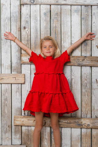 Raudona mini Loulou lininė suknelė mergaitėms