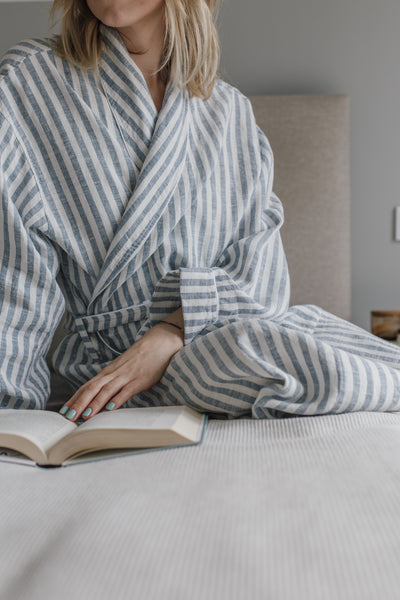 Summer Striped White & Light Blue Soft Linen Unisex Bathrobe // With White Pipping