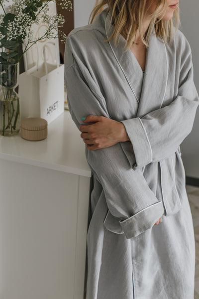 Summer Light Grey Soft Linen Unisex Bathrobe // With White Pipping