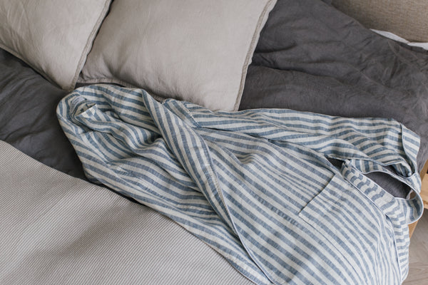 Summer Striped White & Light Blue Soft Linen Unisex Bathrobe // With White Pipping