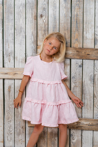 Vaikiška rožinė lininė mini Loulou suknelė mergaitėms
