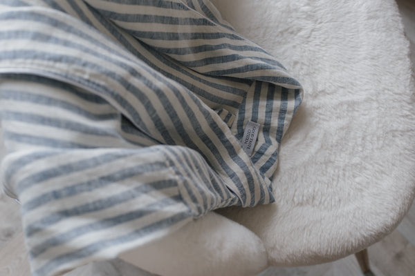 Summer Striped White & Light Blue Soft Linen Unisex Bathrobe // With White Pipping