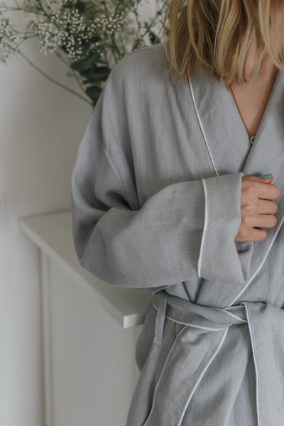 Summer Light Grey Soft Linen Unisex Bathrobe // With White Pipping