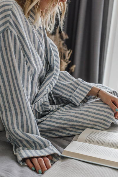 Summer Striped White & Light Blue Soft Linen Unisex Bathrobe // With White Pipping