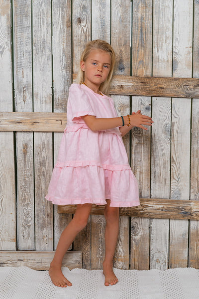 Vaikiška rožinė lininė mini Loulou suknelė mergaitėms