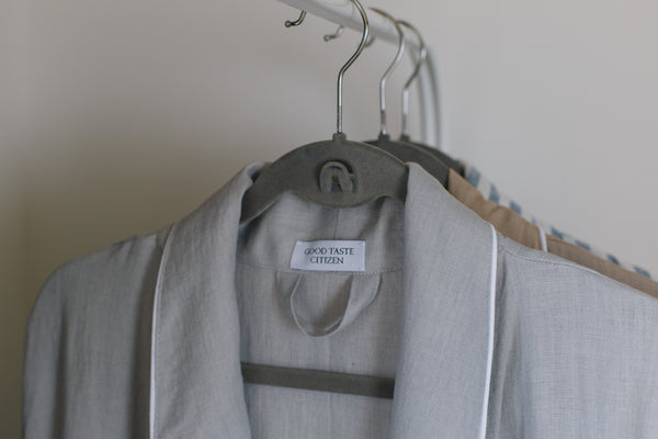 Summer Light Grey Soft Linen Unisex Bathrobe // With White Pipping
